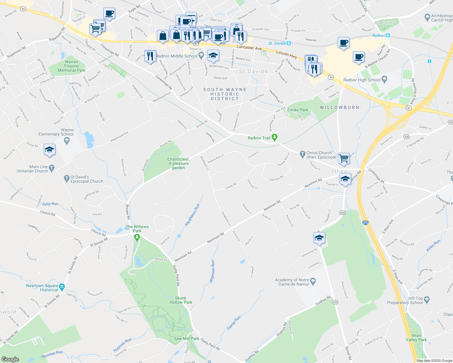 map of restaurants, bars, coffee shops, grocery stores, and more near 860 Lesley Road in Villanova