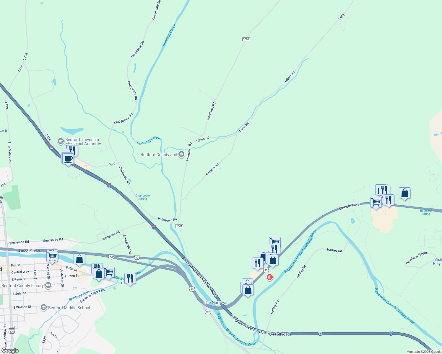 map of restaurants, bars, coffee shops, grocery stores, and more near 236 Roxbury Road in Bedford