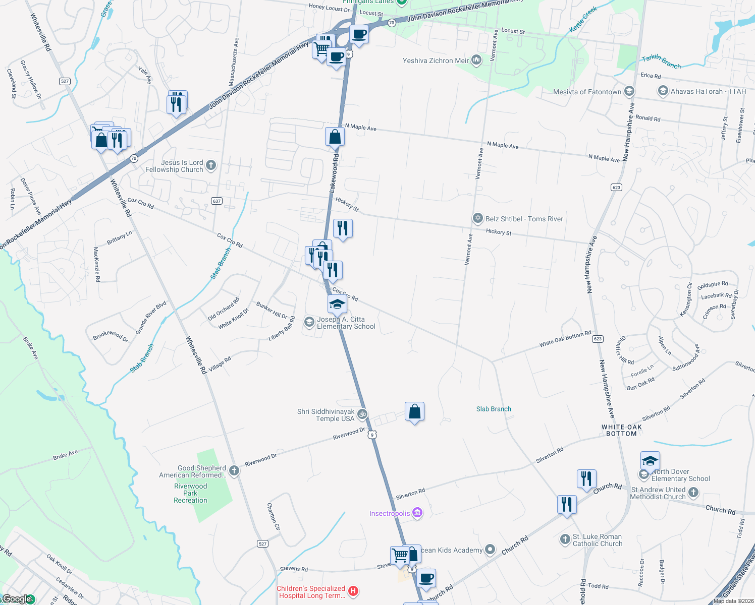 map of restaurants, bars, coffee shops, grocery stores, and more near 1036 Cox Cro Road in Toms River