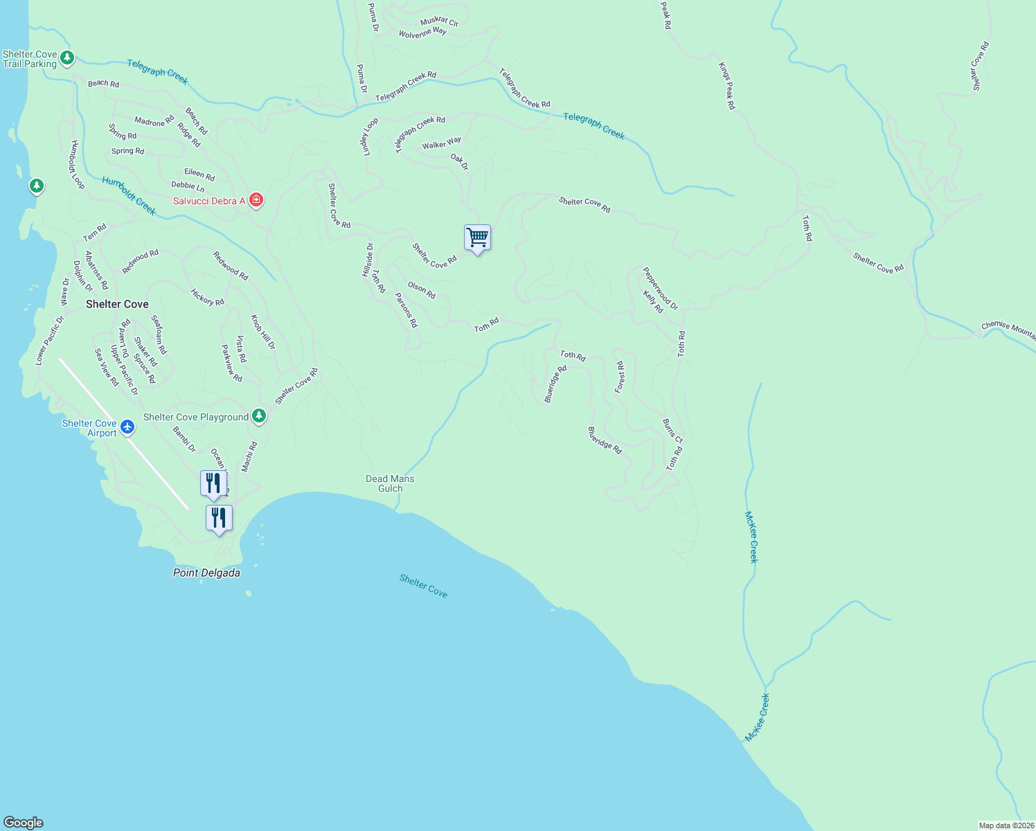 map of restaurants, bars, coffee shops, grocery stores, and more near 1294 Hillside Drive in Whitethorn