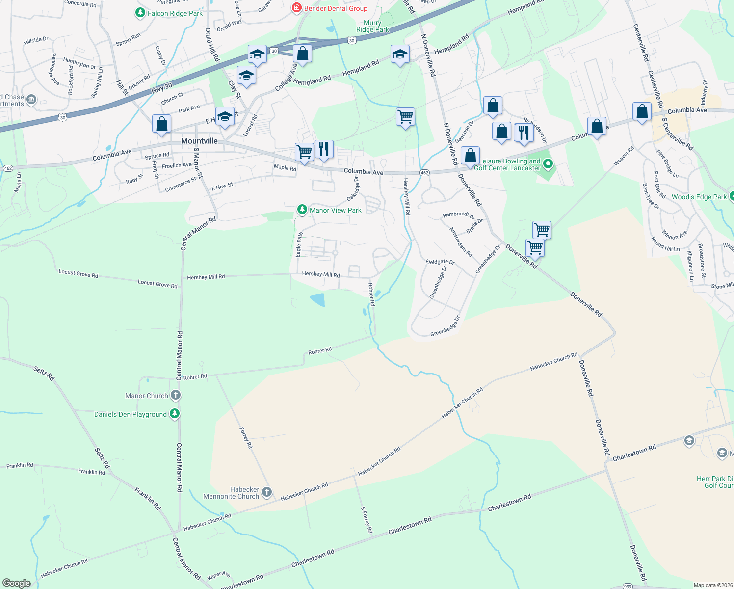map of restaurants, bars, coffee shops, grocery stores, and more near 332 Rohrer Rd in Mountville