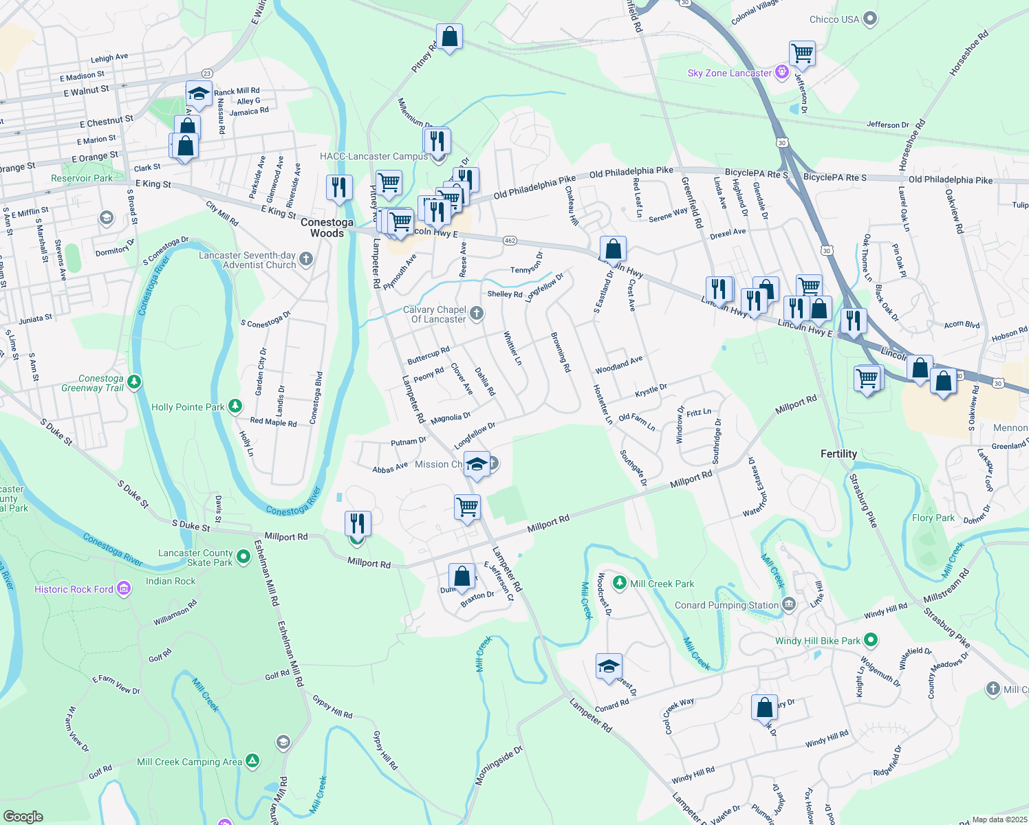map of restaurants, bars, coffee shops, grocery stores, and more near 446 Longfellow Drive in Lancaster