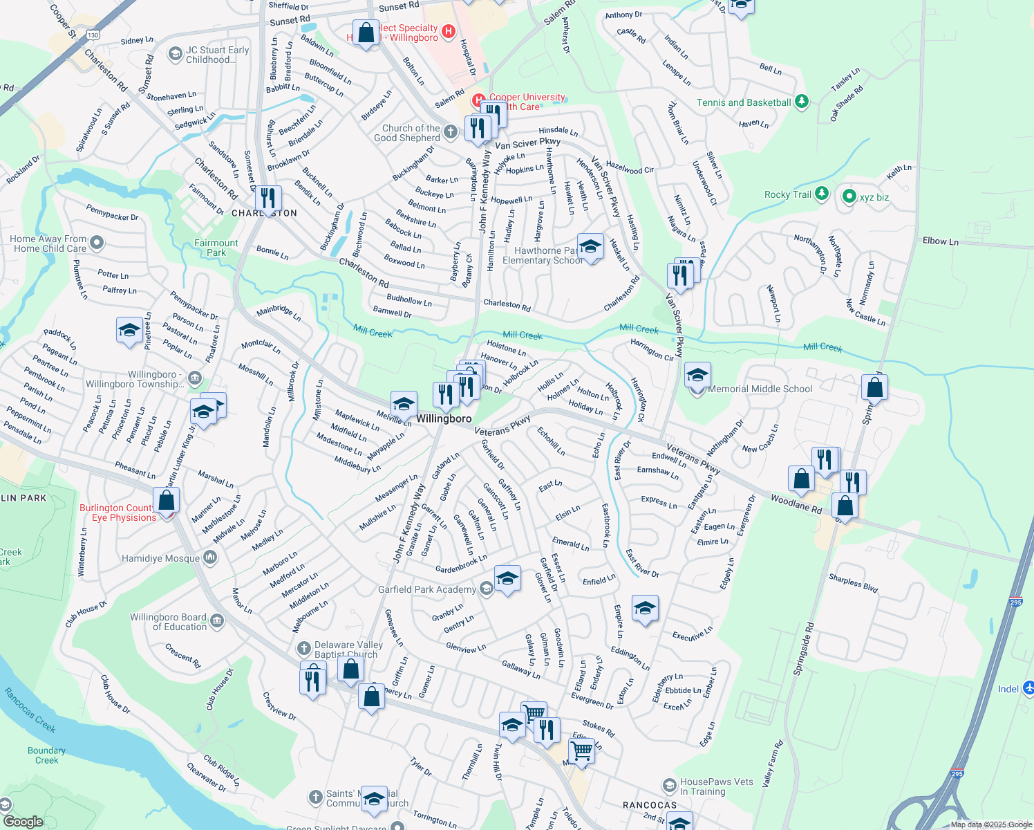 map of restaurants, bars, coffee shops, grocery stores, and more near 28 Helm Turn in Willingboro