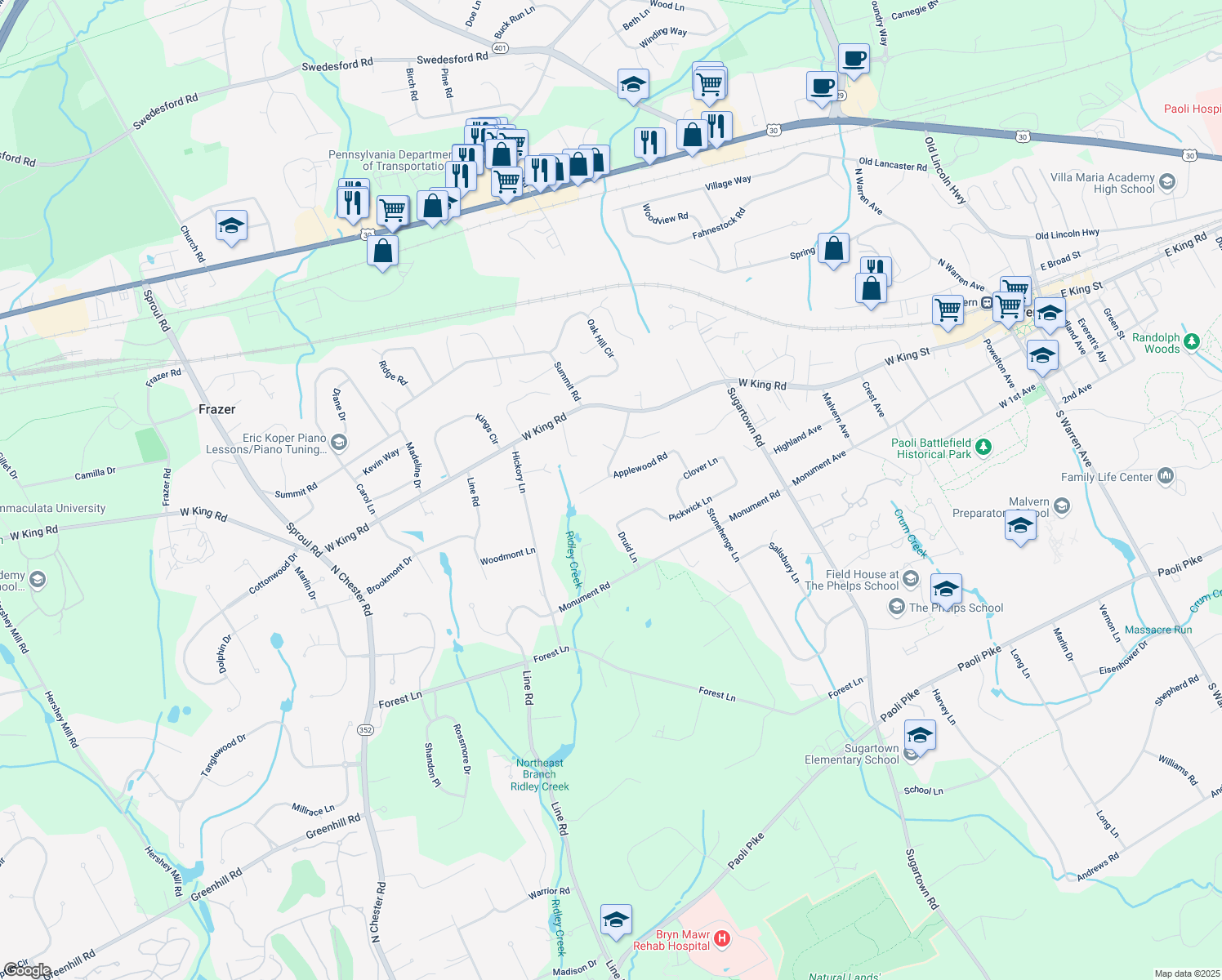 map of restaurants, bars, coffee shops, grocery stores, and more near 23 Applewood Rd in Malvern