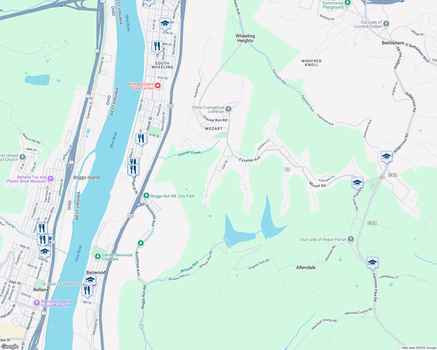 map of restaurants, bars, coffee shops, grocery stores, and more near 15 Ellen Avenue in Wheeling