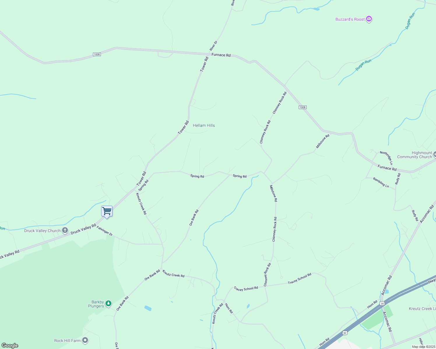 map of restaurants, bars, coffee shops, grocery stores, and more near 5076 Spring Road in York
