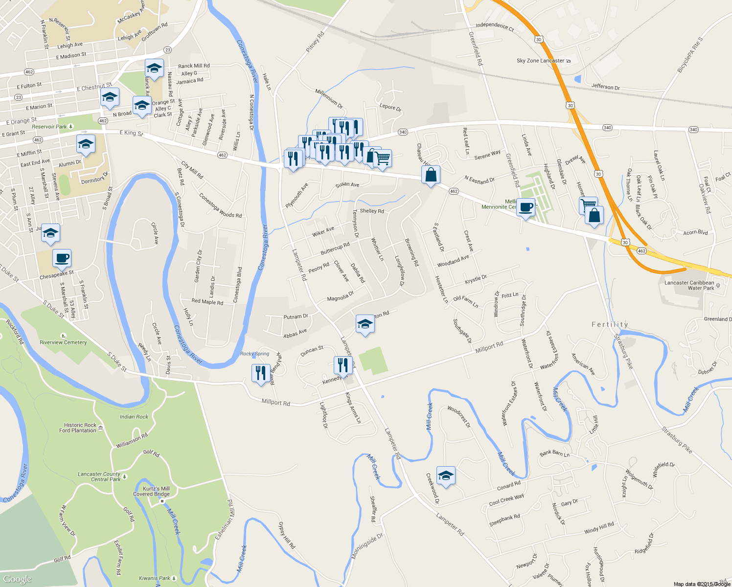 map of restaurants, bars, coffee shops, grocery stores, and more near 338 Dahlia Rd in Lancaster