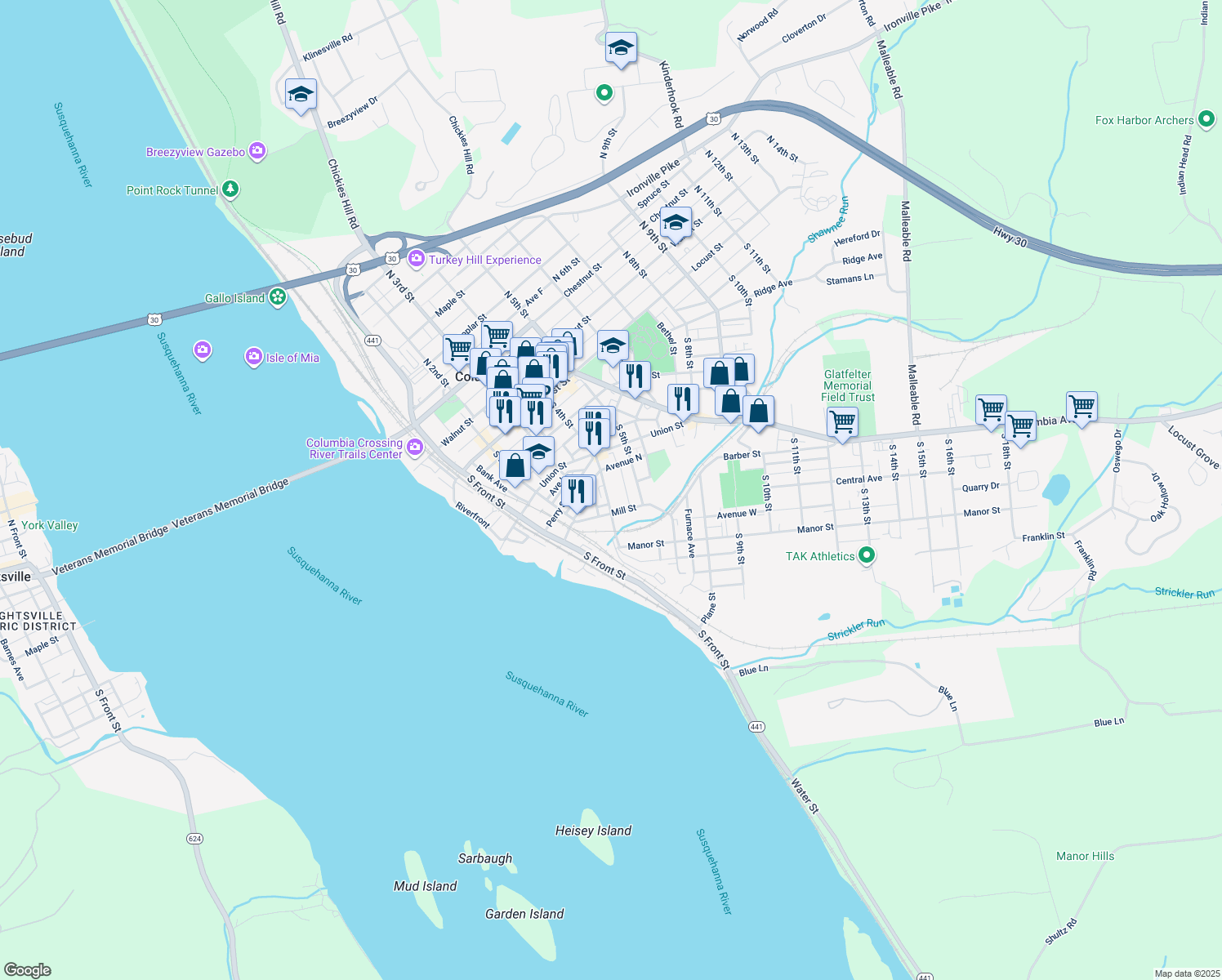 map of restaurants, bars, coffee shops, grocery stores, and more near 265 South 4th Street in Columbia