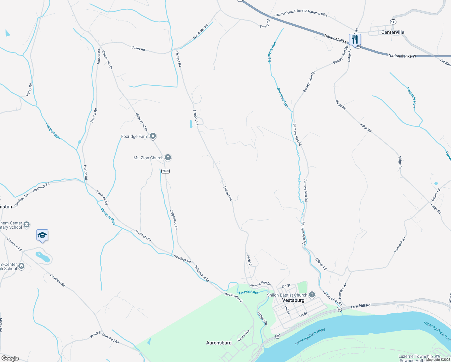 map of restaurants, bars, coffee shops, grocery stores, and more near 114 Fishpot Road in Fredericktown