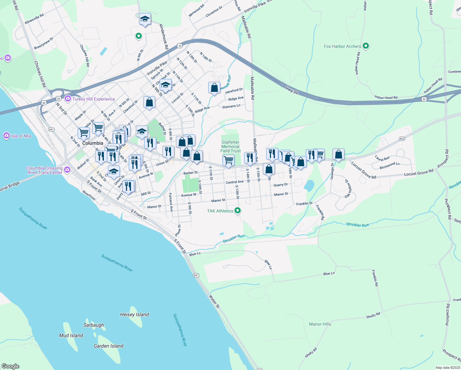 map of restaurants, bars, coffee shops, grocery stores, and more near 1236 Central Avenue in Columbia