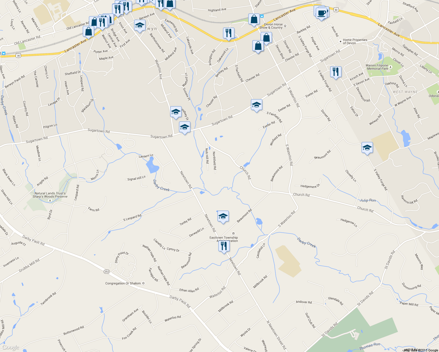 map of restaurants, bars, coffee shops, grocery stores, and more near 525 Northfield Road in Devon