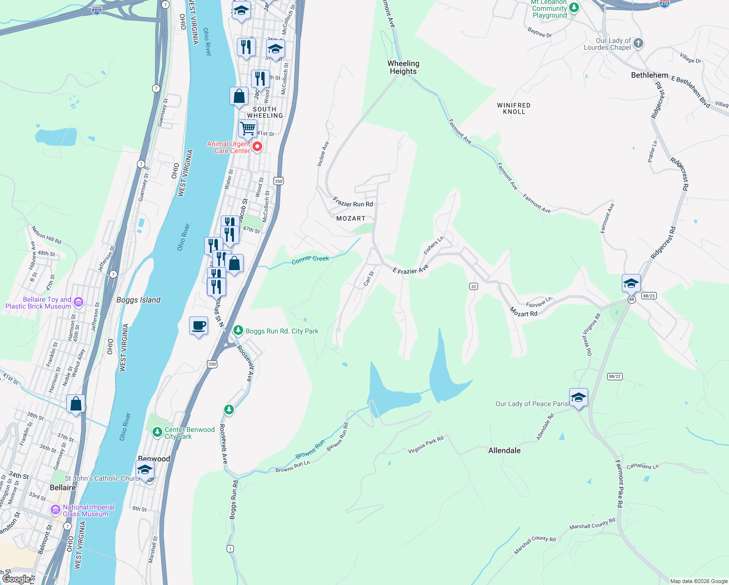 map of restaurants, bars, coffee shops, grocery stores, and more near 20 Ruth Ave in Wheeling