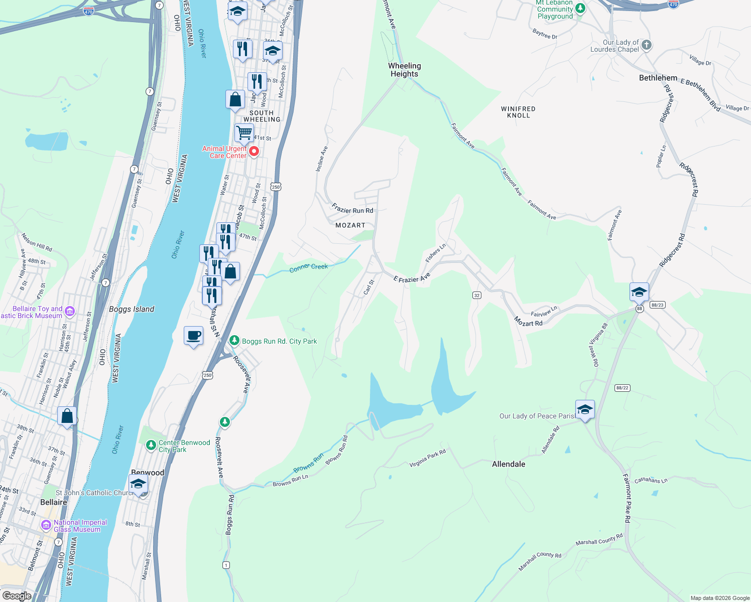 map of restaurants, bars, coffee shops, grocery stores, and more near 20 Ruth Avenue in Wheeling