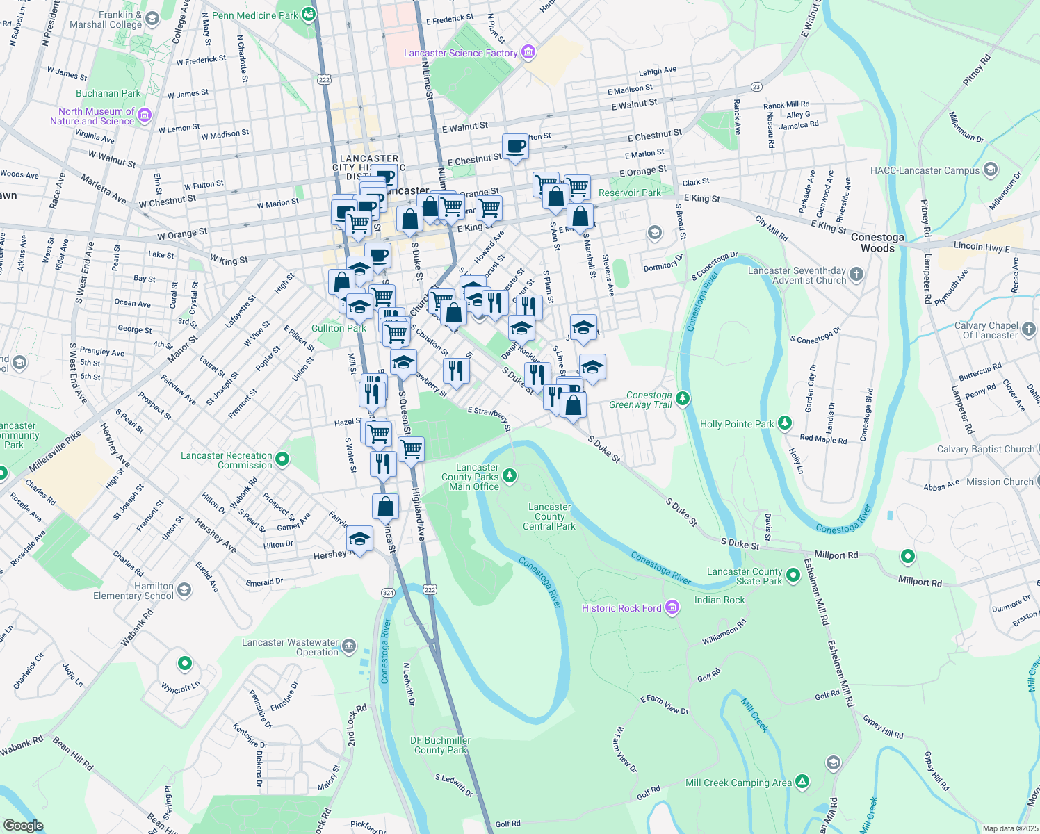 map of restaurants, bars, coffee shops, grocery stores, and more near 55 Chesapeake Street in Lancaster