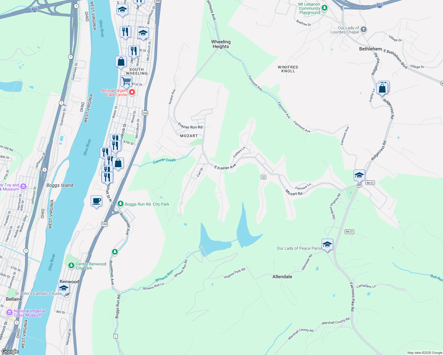 map of restaurants, bars, coffee shops, grocery stores, and more near 28 Schuberts Lane in Wheeling