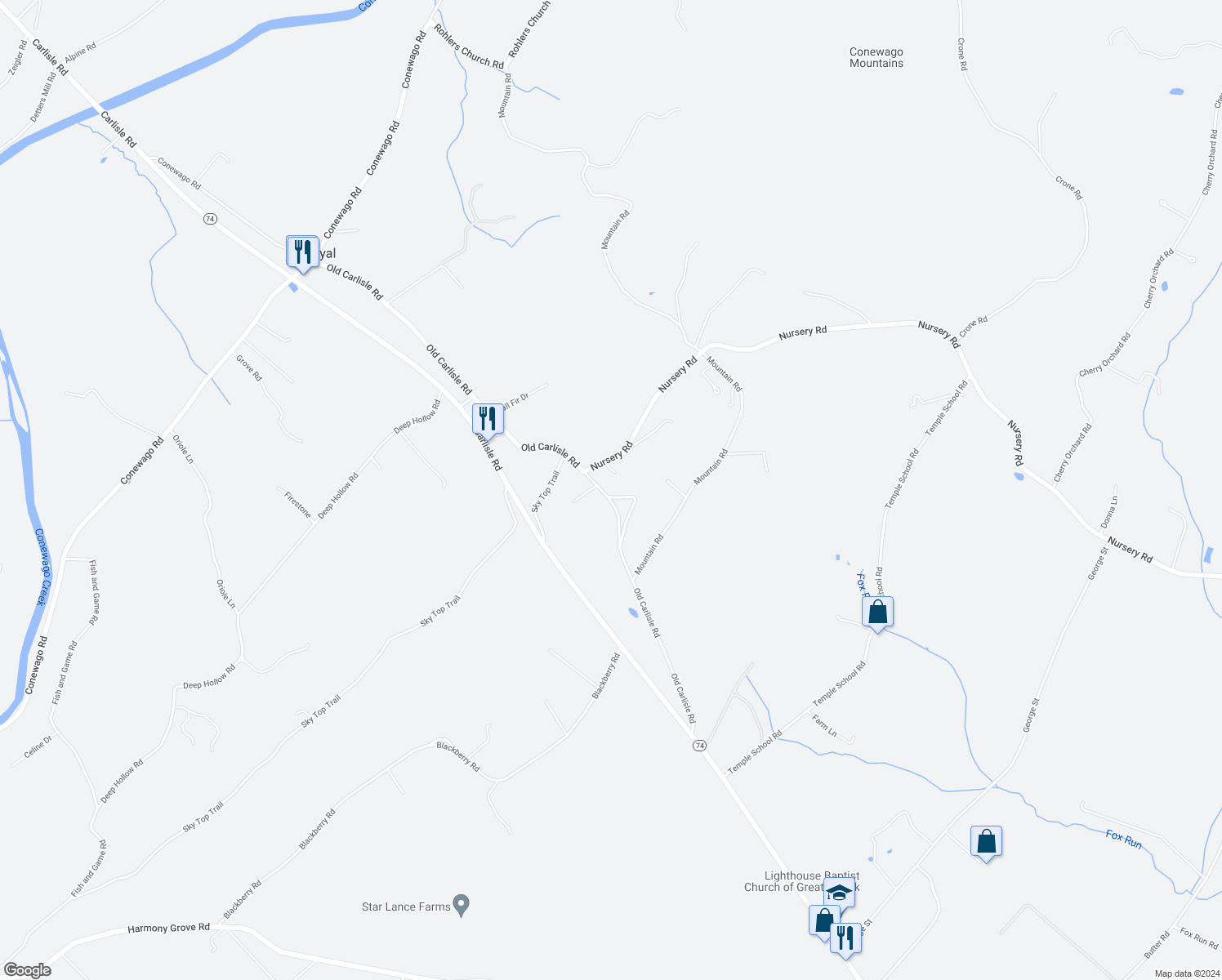 map of restaurants, bars, coffee shops, grocery stores, and more near 5831 Old Carlisle Road in Dover
