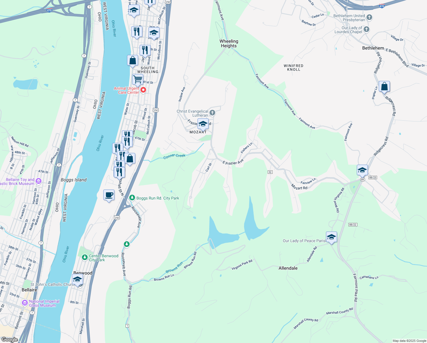 map of restaurants, bars, coffee shops, grocery stores, and more near 7 Ruth Avenue in Wheeling
