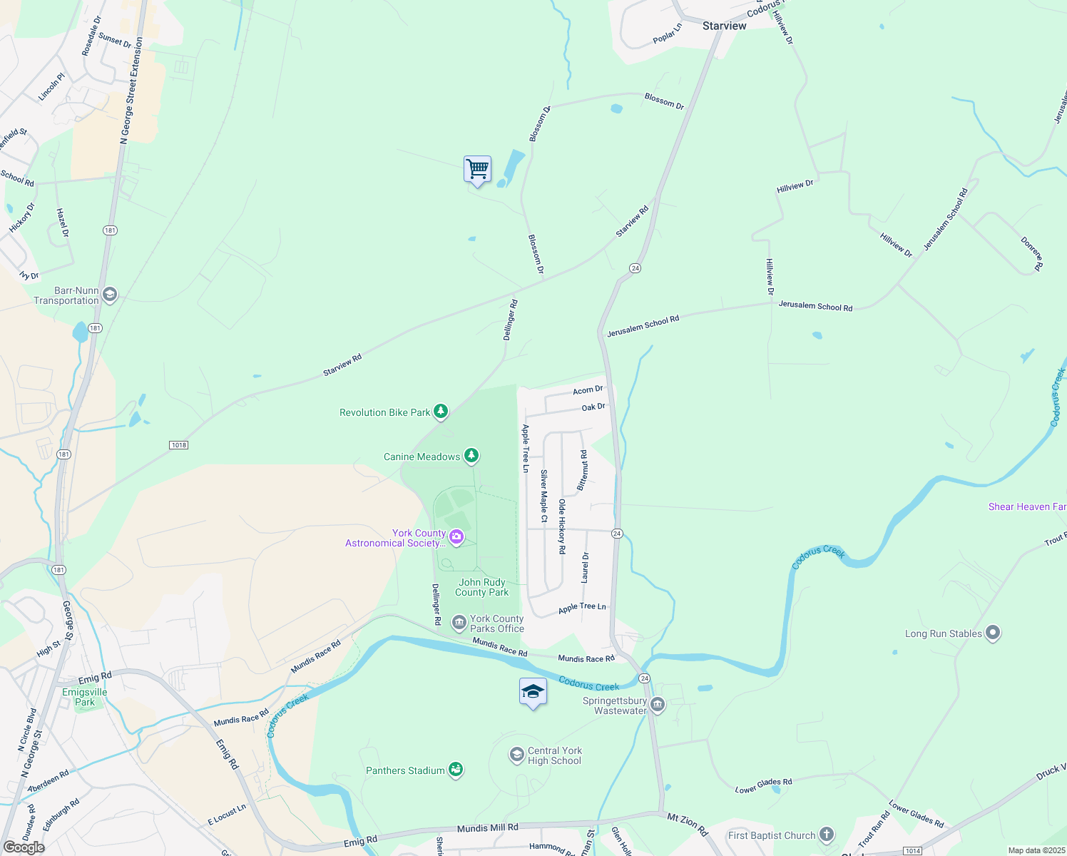 map of restaurants, bars, coffee shops, grocery stores, and more near 745 Apple Tree Lane in Mount Wolf
