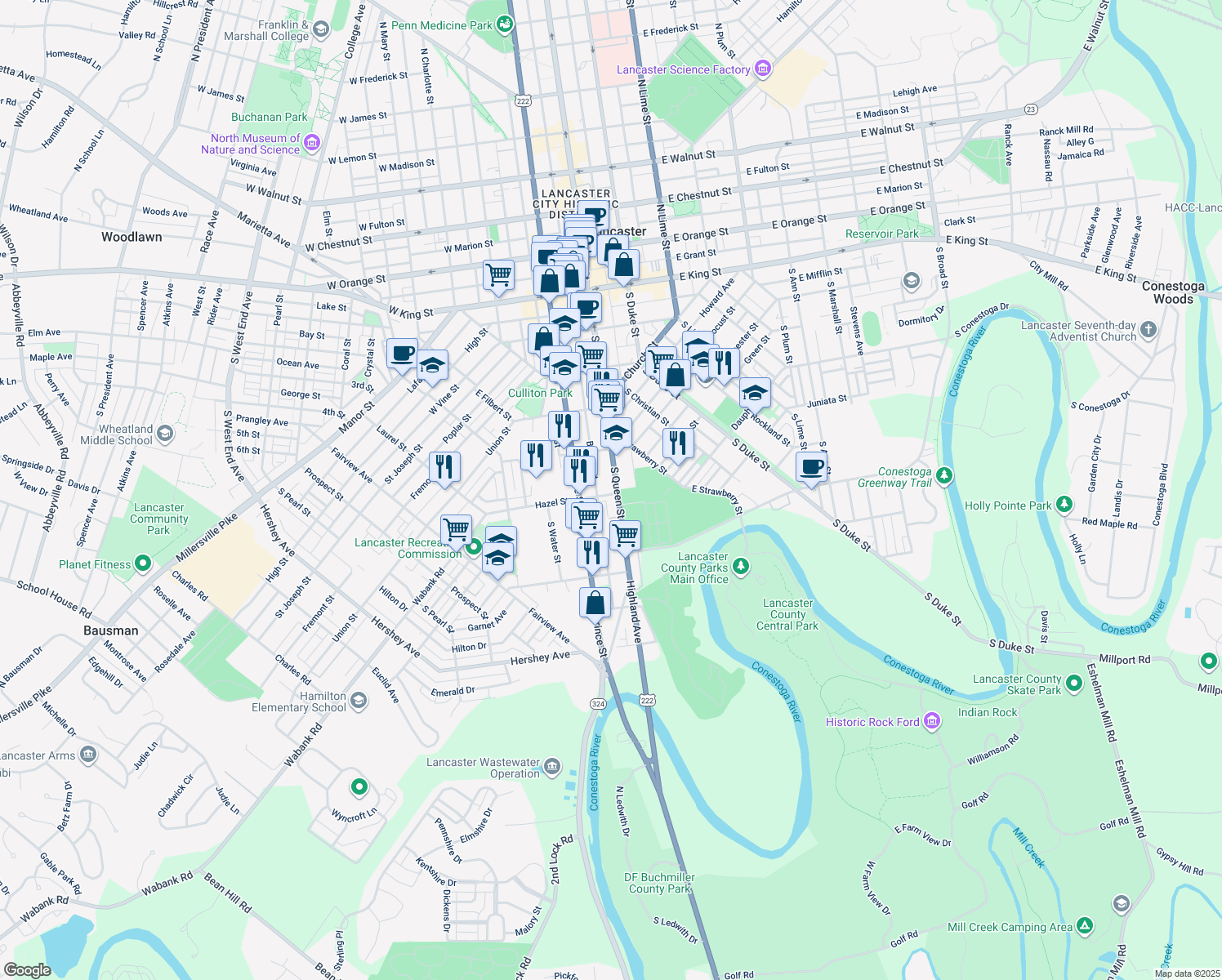 map of restaurants, bars, coffee shops, grocery stores, and more near 458 South Queen Street in Lancaster