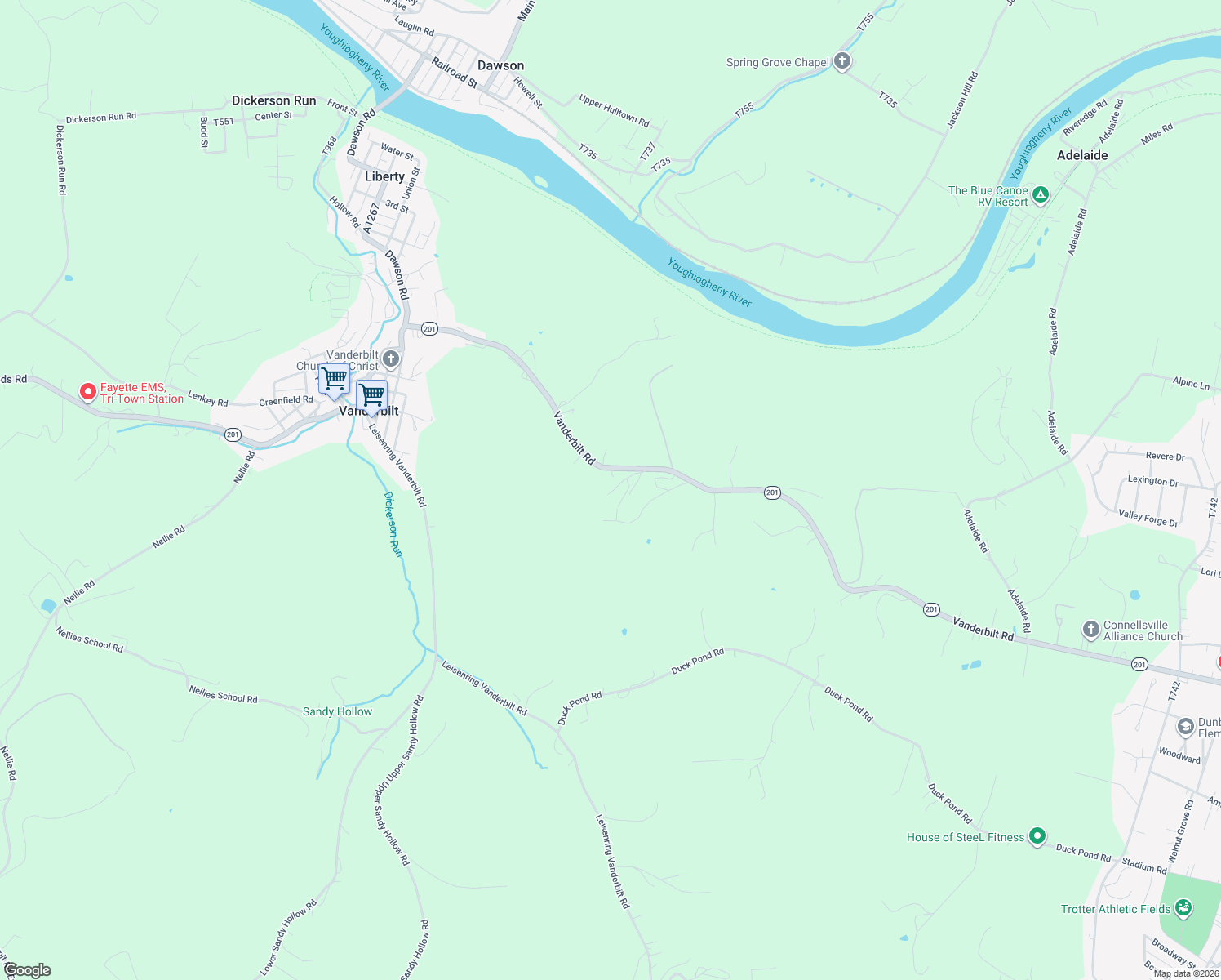 map of restaurants, bars, coffee shops, grocery stores, and more near 349 Vanderbilt Road in Connellsville