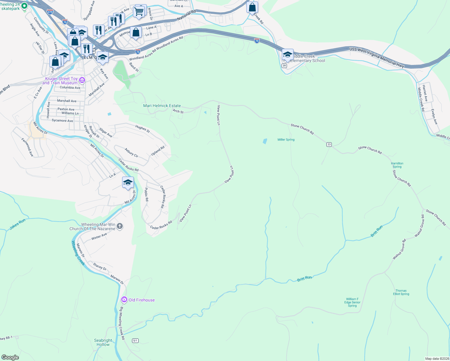 map of restaurants, bars, coffee shops, grocery stores, and more near 341 View Point Lane in Wheeling