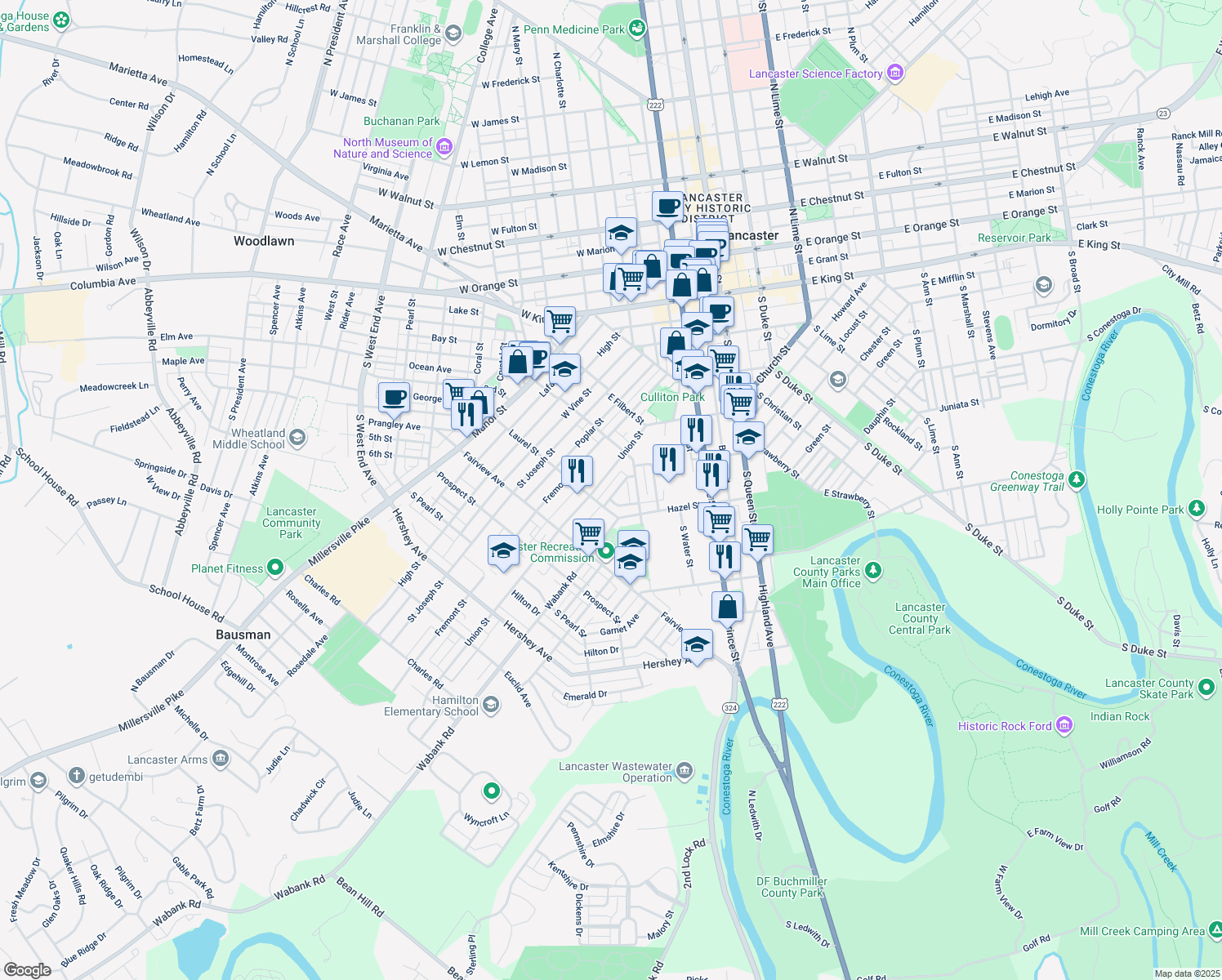 map of restaurants, bars, coffee shops, grocery stores, and more near 657 Hebrank Street in Lancaster