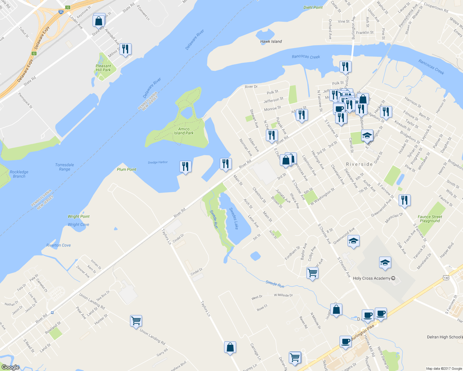 map of restaurants, bars, coffee shops, grocery stores, and more near 108 Arch Street in Delran