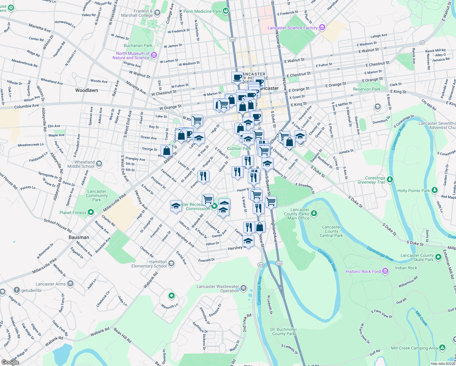 map of restaurants, bars, coffee shops, grocery stores, and more near 455 New Dorwart Street in Lancaster