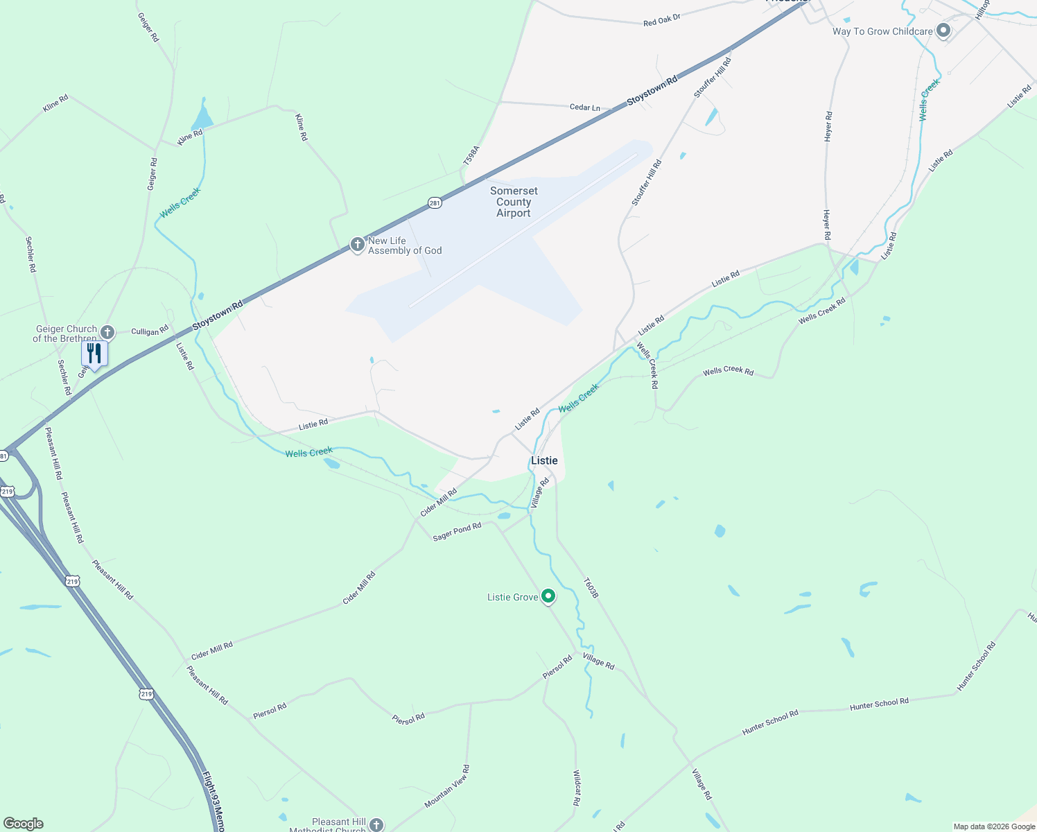 map of restaurants, bars, coffee shops, grocery stores, and more near 676 Listie Road in Friedens
