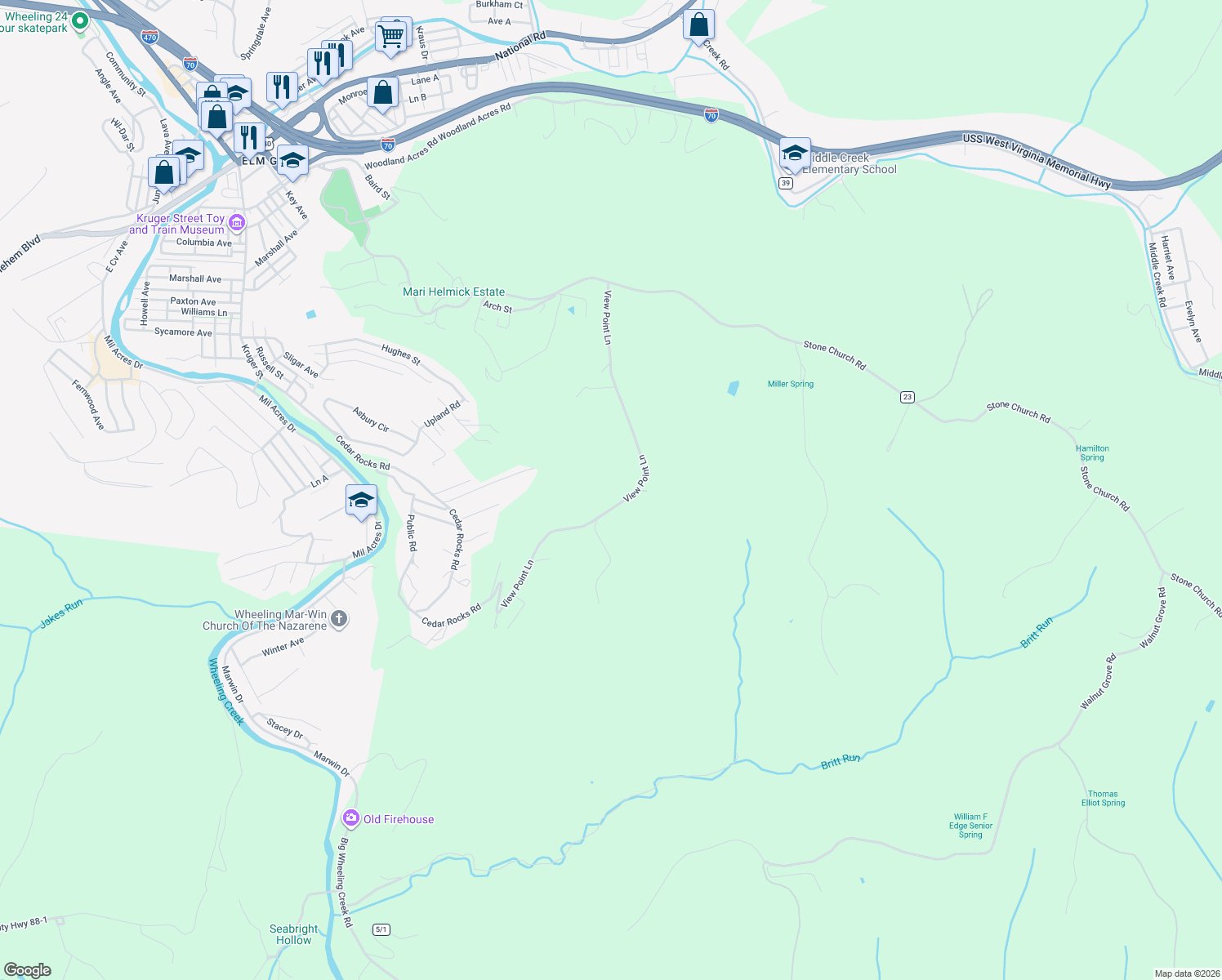 map of restaurants, bars, coffee shops, grocery stores, and more near 341 View Point Lane in Wheeling