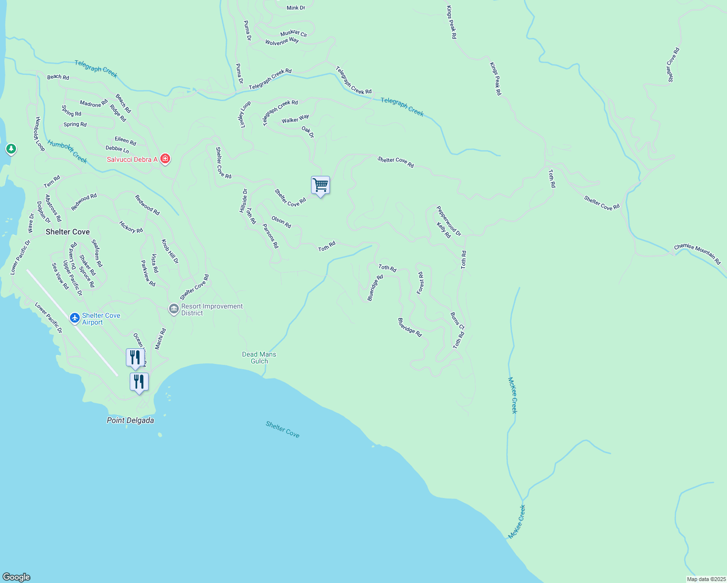 map of restaurants, bars, coffee shops, grocery stores, and more near 130 Hemlock Road in Whitethorn