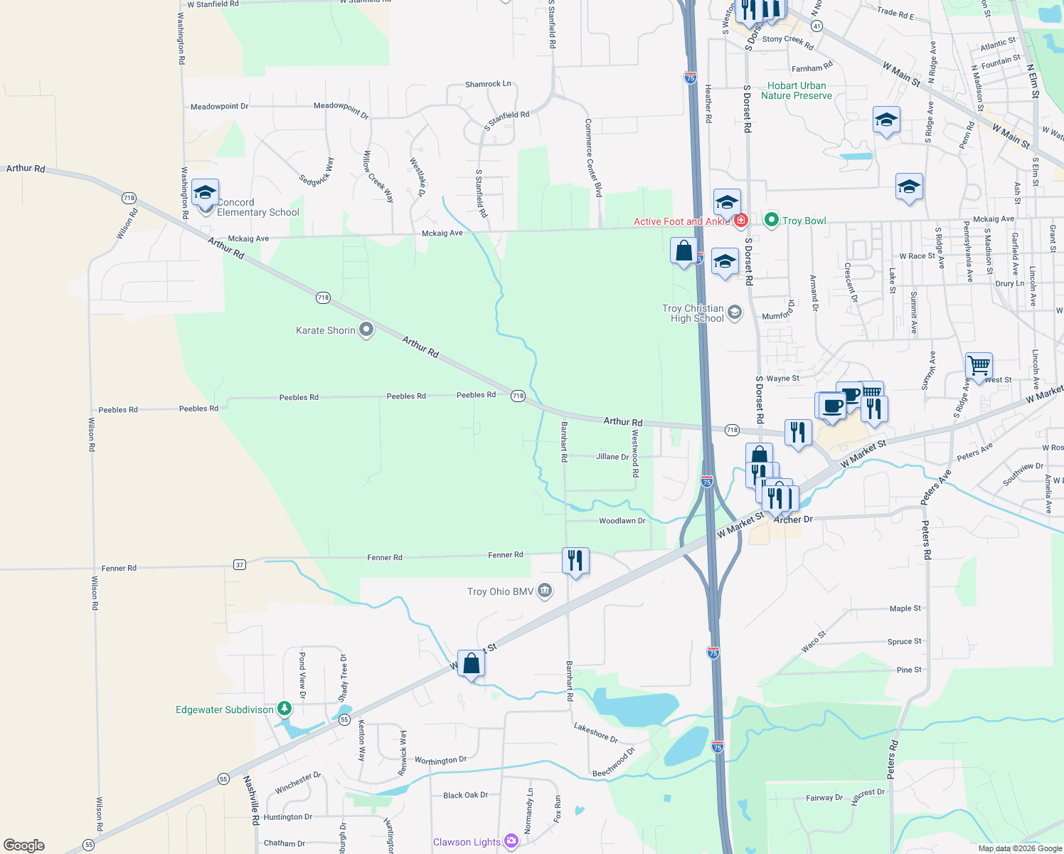 map of restaurants, bars, coffee shops, grocery stores, and more near 606 Barnhart Road in Troy