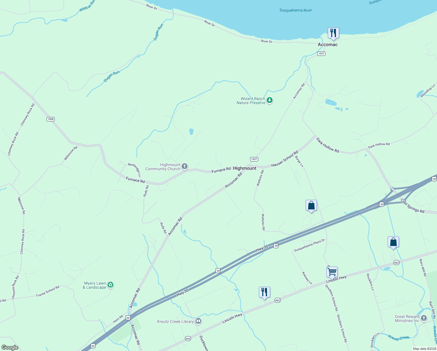 map of restaurants, bars, coffee shops, grocery stores, and more near 5960 Furnace Rd in York