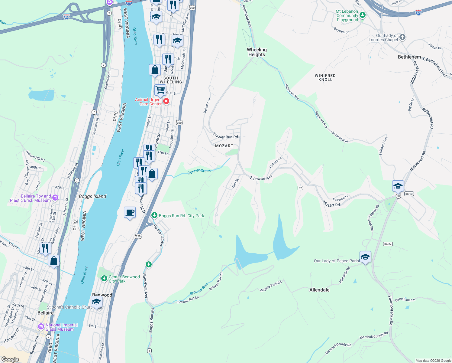 map of restaurants, bars, coffee shops, grocery stores, and more near 7 North Kettler Avenue in Wheeling