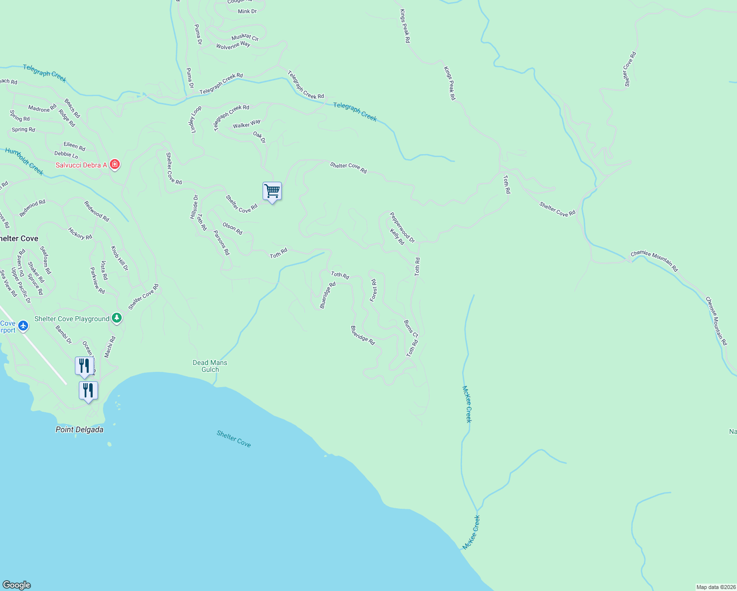 map of restaurants, bars, coffee shops, grocery stores, and more near 414 Forest Road in Whitethorn
