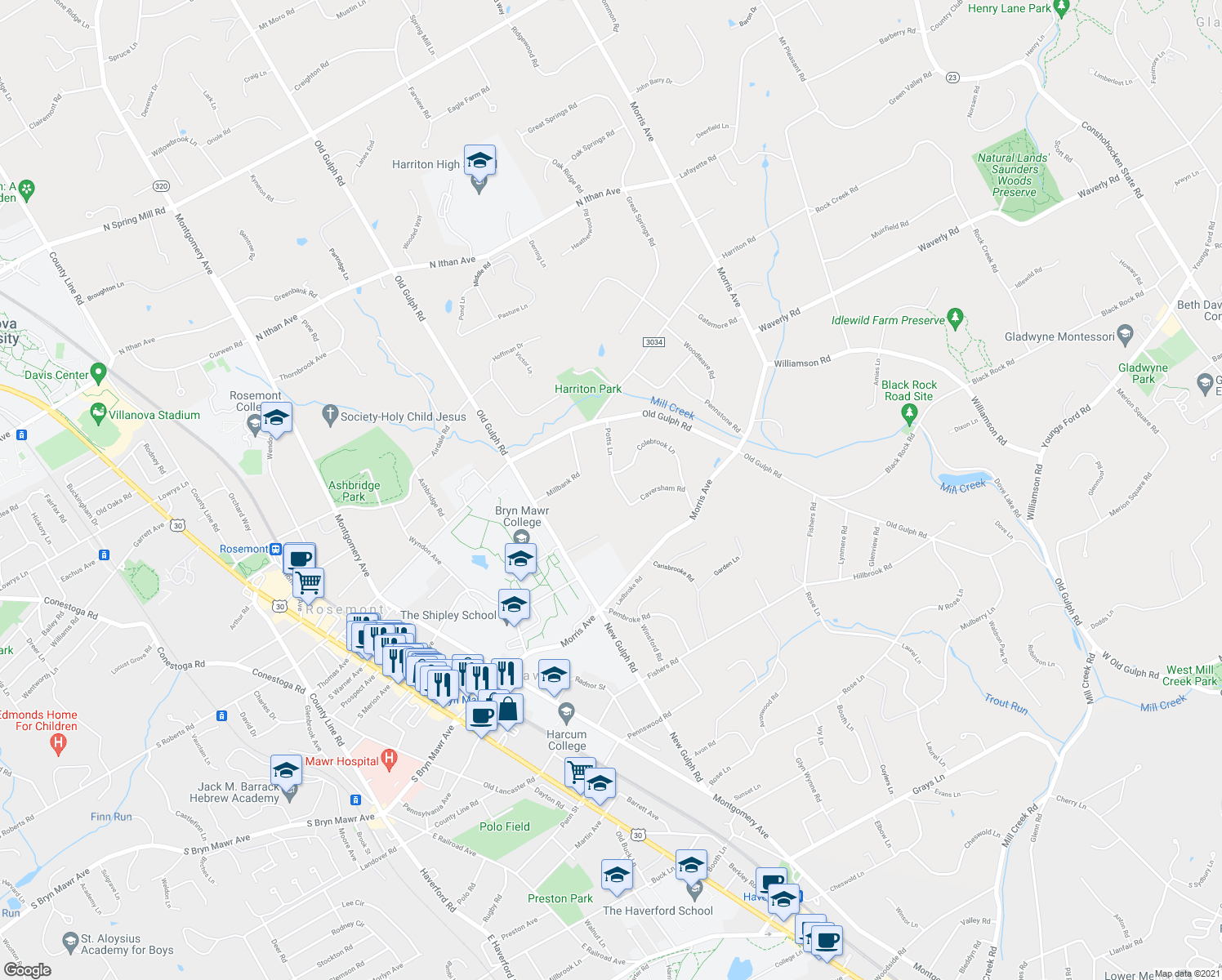 map of restaurants, bars, coffee shops, grocery stores, and more near 808 Potts Lane in Bryn Mawr