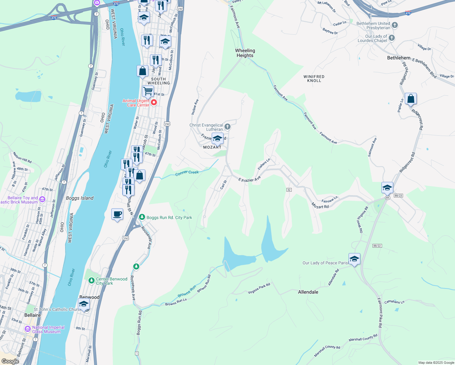 map of restaurants, bars, coffee shops, grocery stores, and more near 7 Ruth Avenue in Wheeling