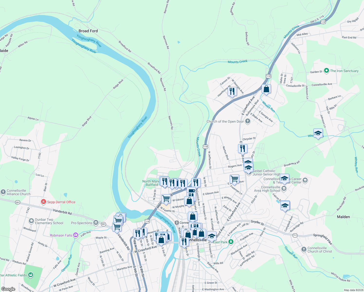 map of restaurants, bars, coffee shops, grocery stores, and more near 176 Narrows Rd in Connellsville