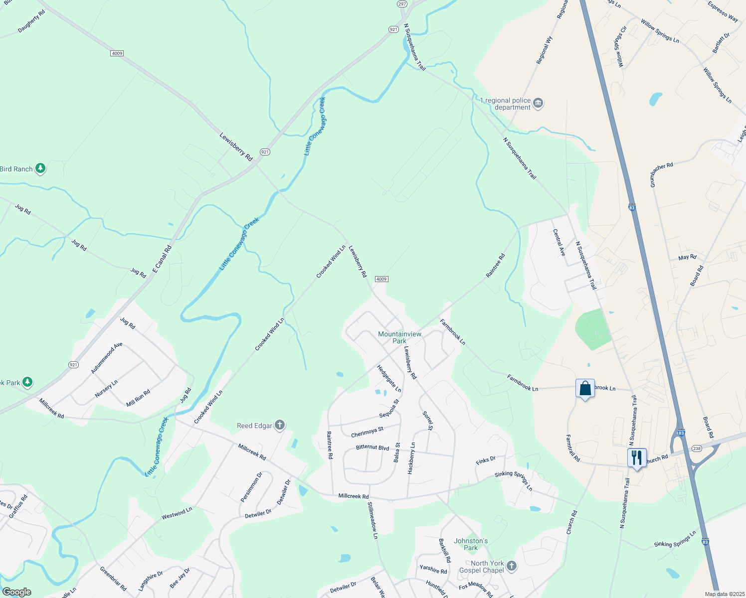 map of restaurants, bars, coffee shops, grocery stores, and more near 3625 Lewisberry Road in York
