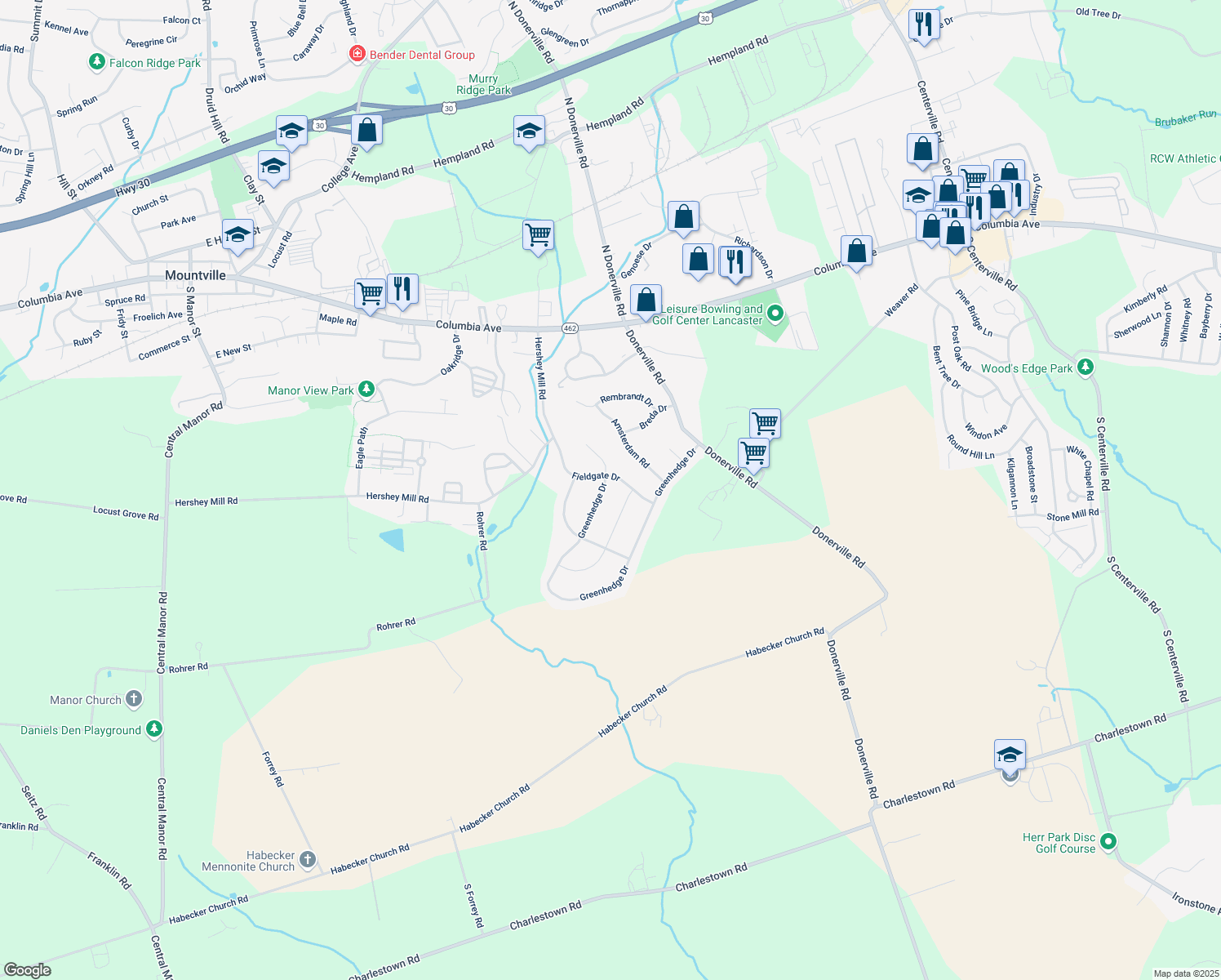 map of restaurants, bars, coffee shops, grocery stores, and more near 633 Greenhedge Dr in Lancaster