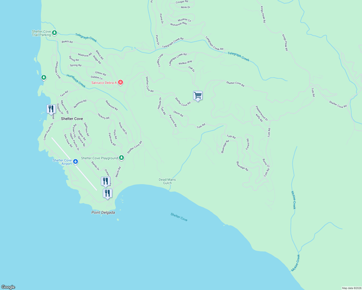 map of restaurants, bars, coffee shops, grocery stores, and more near 51 High Ct in Whitethorn