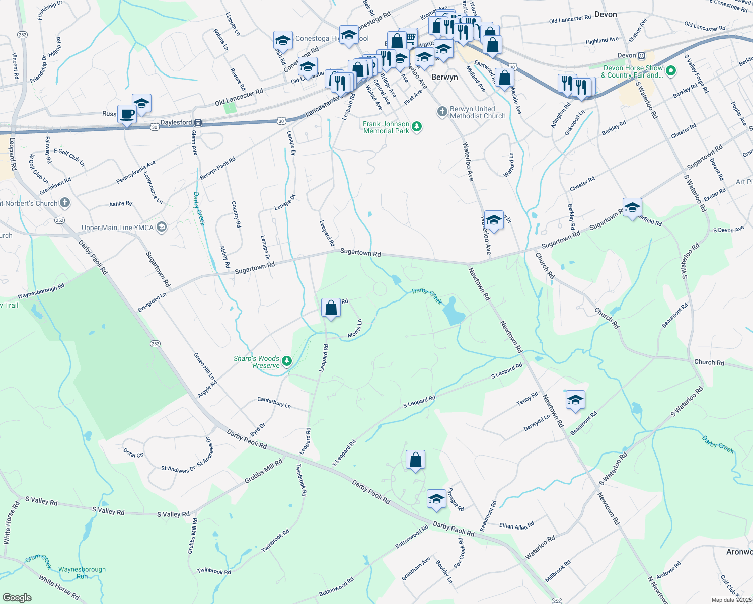 map of restaurants, bars, coffee shops, grocery stores, and more near 438 Waynesbrooke Road in Berwyn