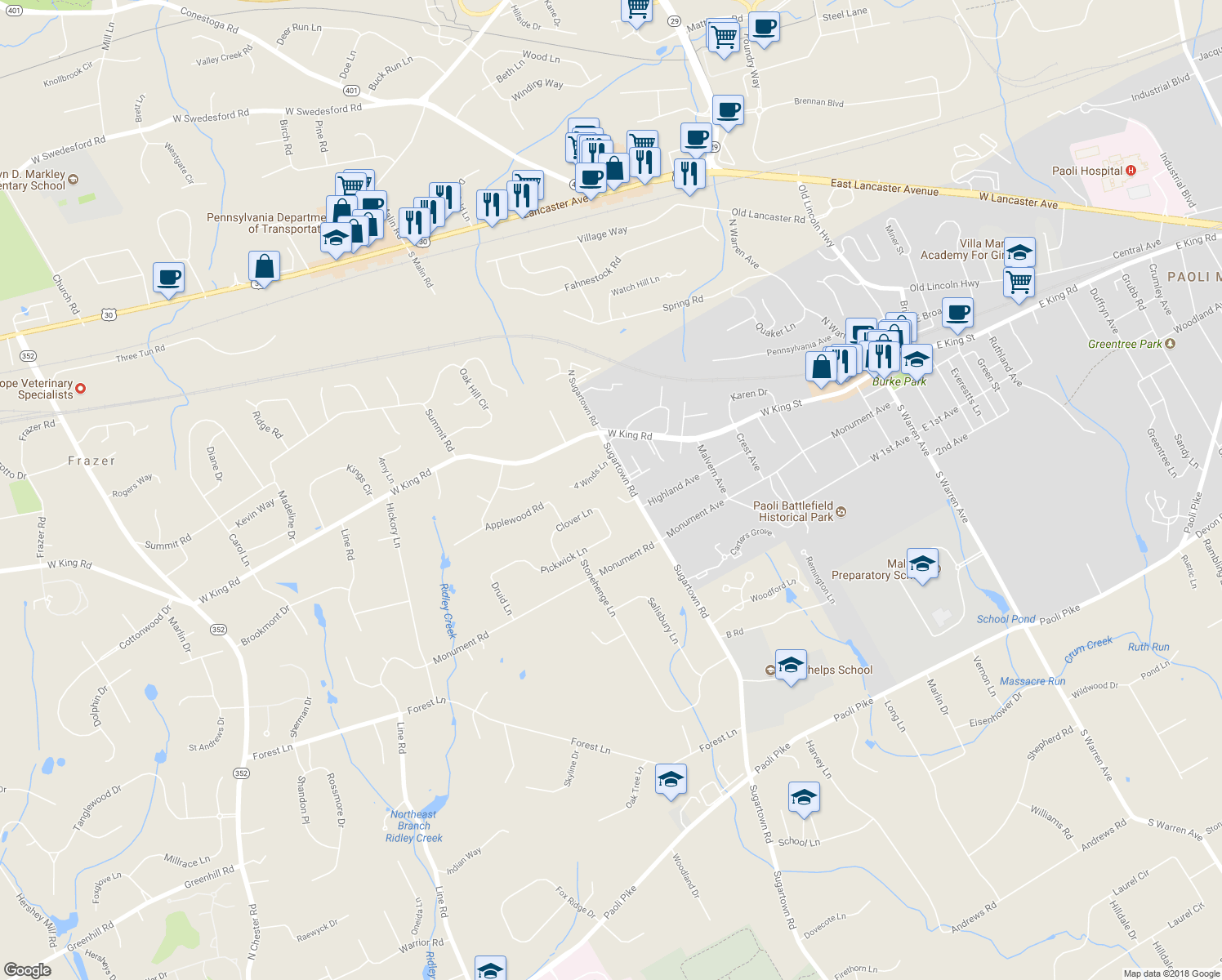 map of restaurants, bars, coffee shops, grocery stores, and more near 8 Robin Road in Malvern