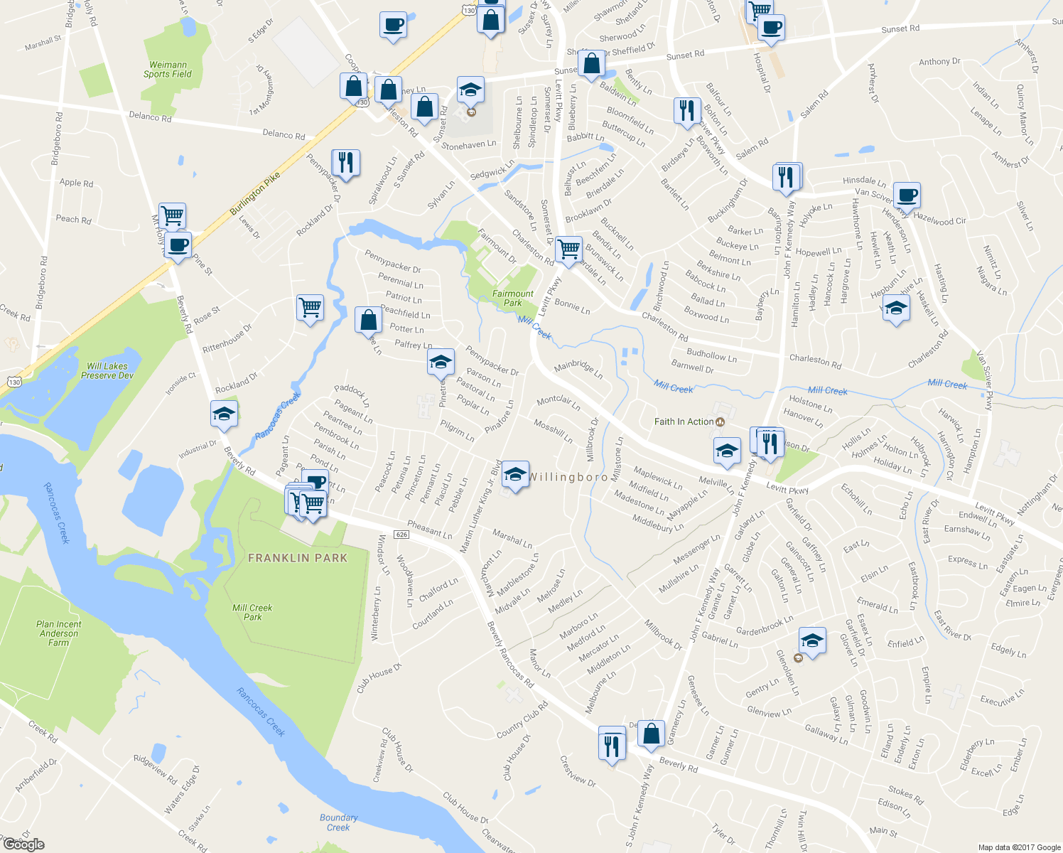 map of restaurants, bars, coffee shops, grocery stores, and more near 12 Mosshill Ln in Willingboro Township
