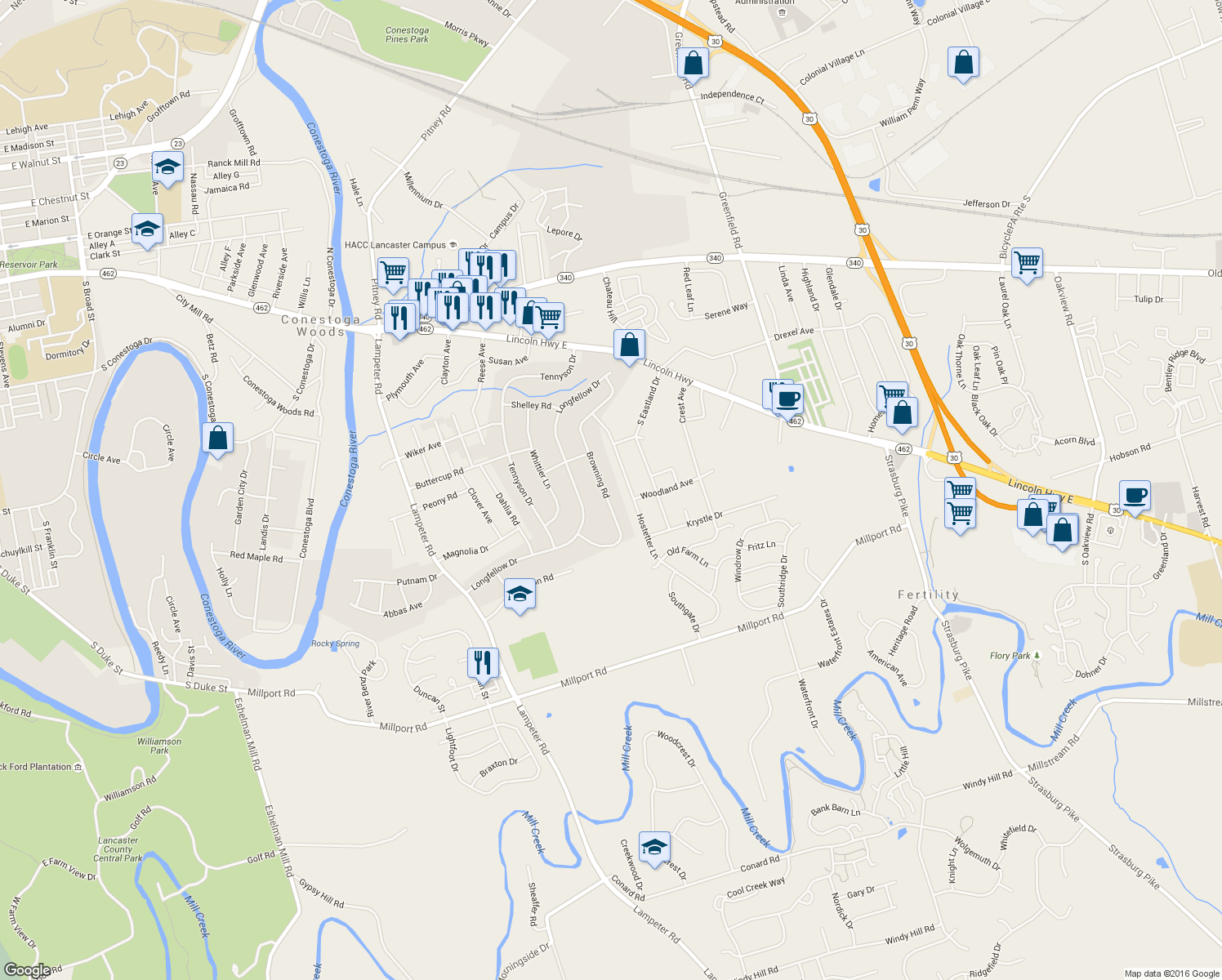 map of restaurants, bars, coffee shops, grocery stores, and more near 235 Browning Road in Lancaster