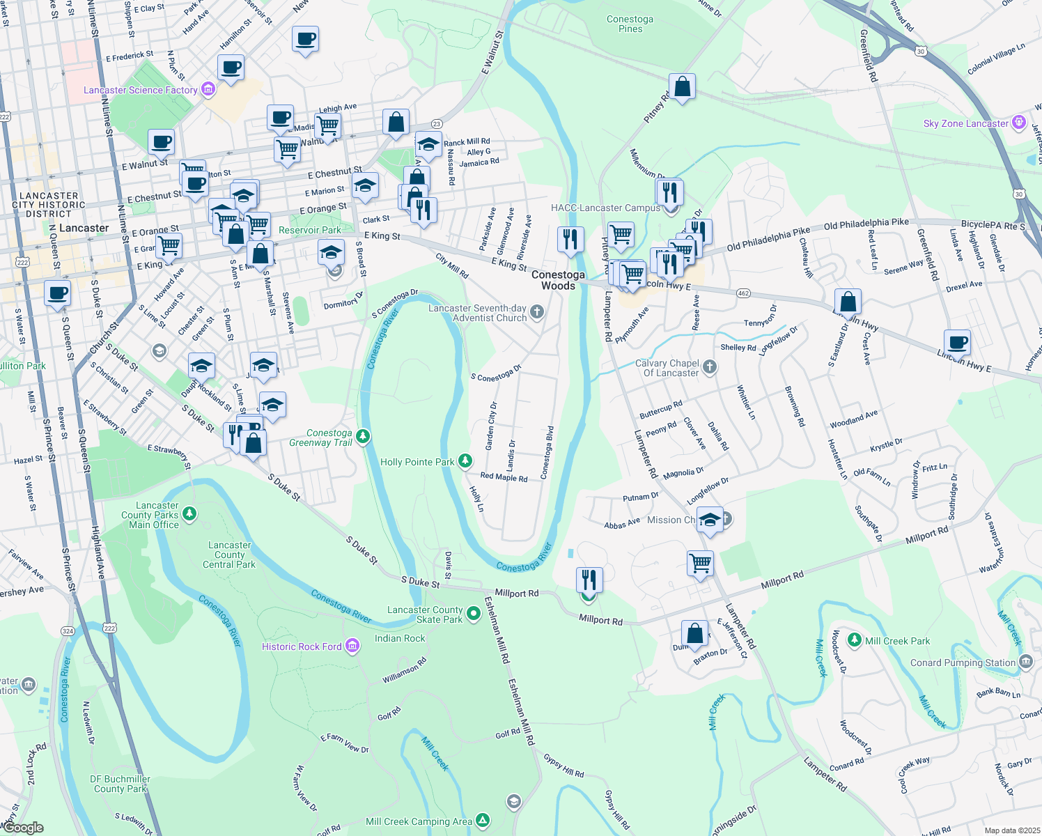 map of restaurants, bars, coffee shops, grocery stores, and more near 79 Landis Drive in Lancaster
