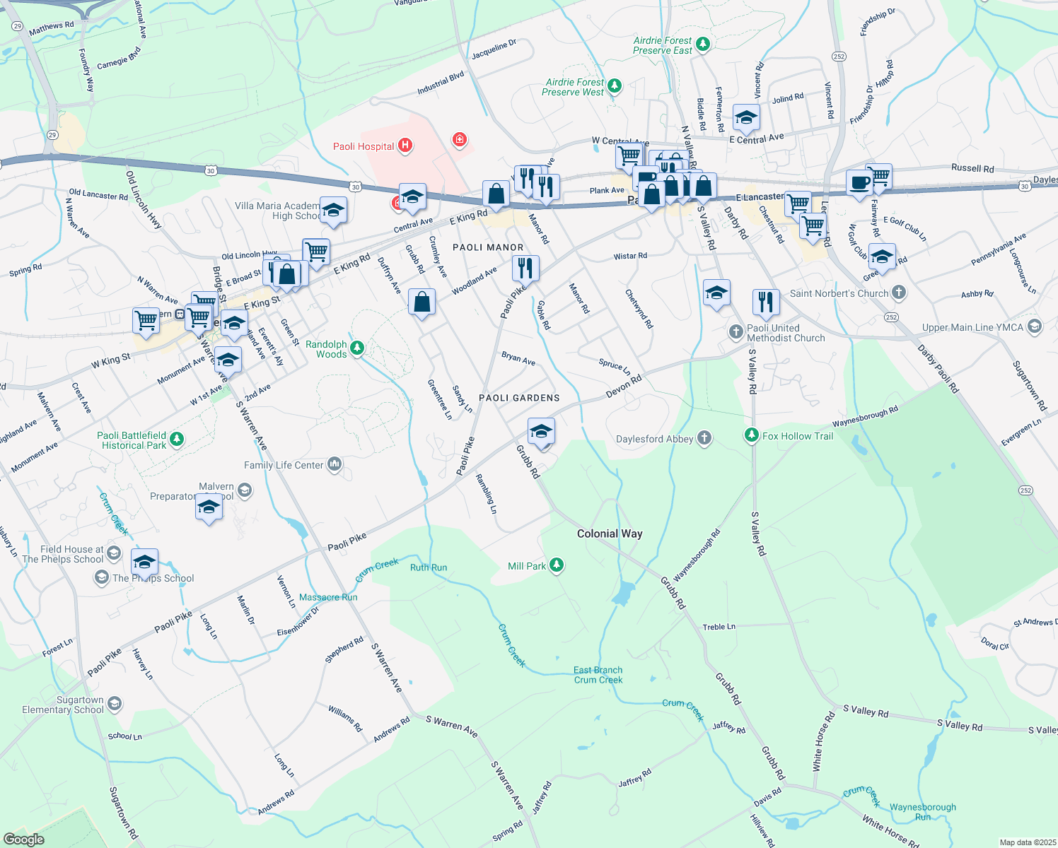 map of restaurants, bars, coffee shops, grocery stores, and more near 25 Devon Road in Paoli