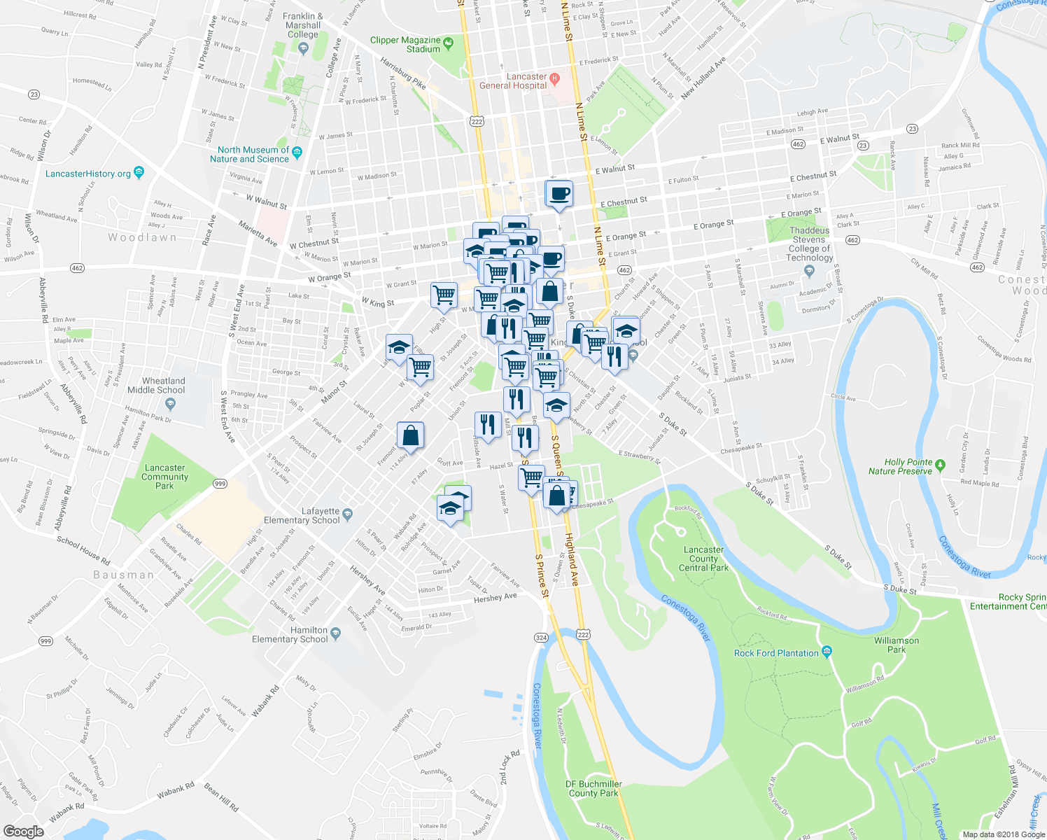 map of restaurants, bars, coffee shops, grocery stores, and more near 355 South Prince Street in Lancaster