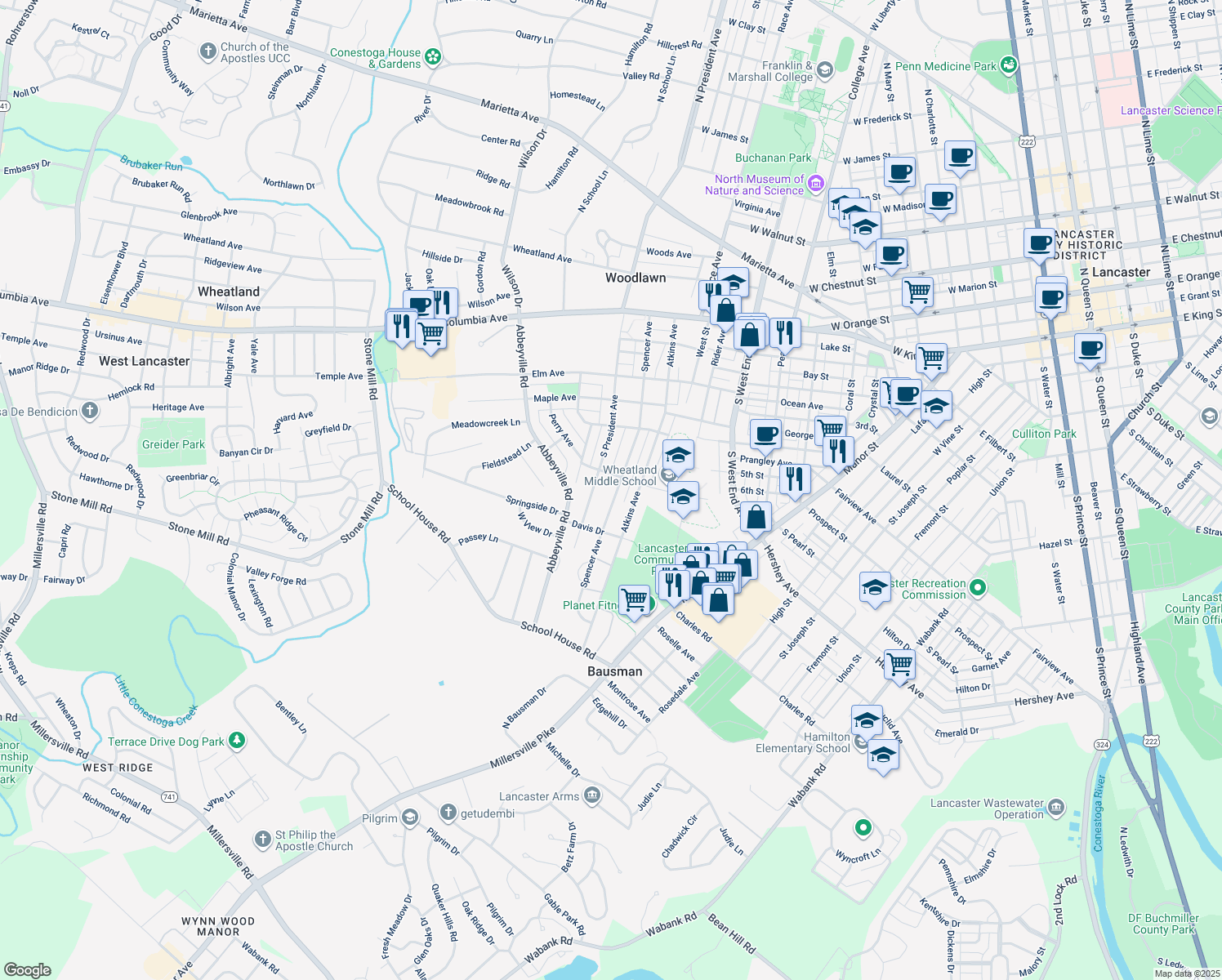 map of restaurants, bars, coffee shops, grocery stores, and more near 410 Spencer Avenue in Lancaster