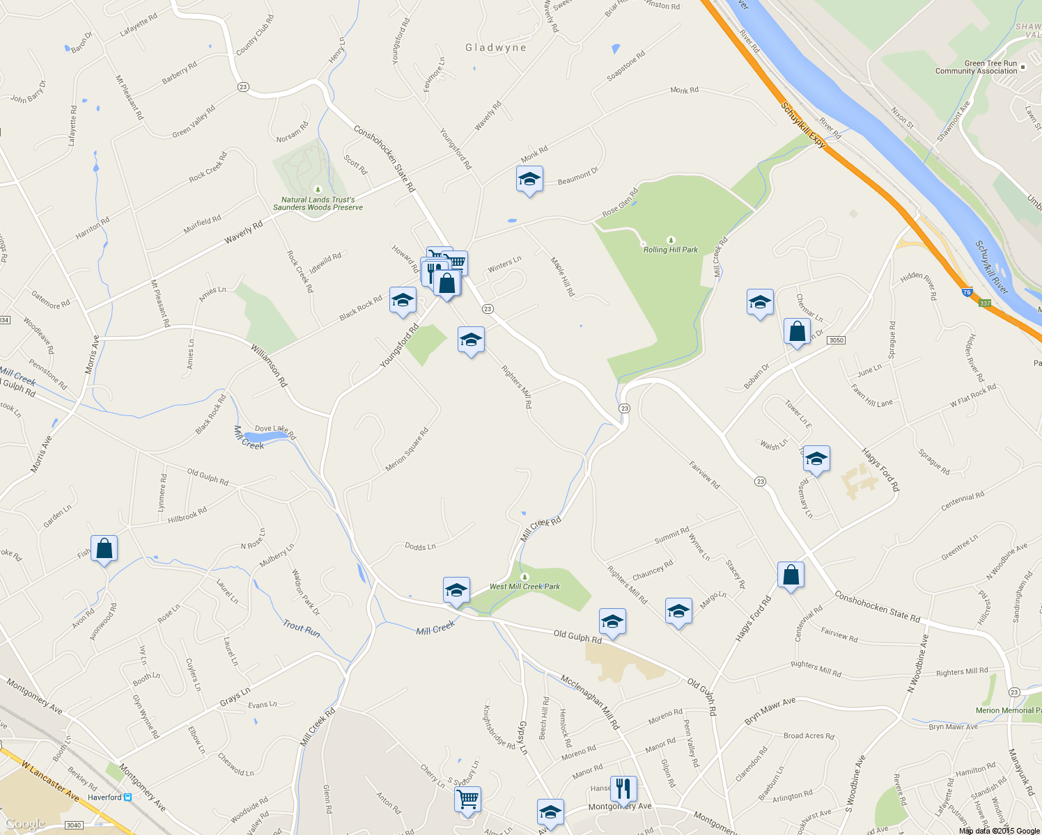 map of restaurants, bars, coffee shops, grocery stores, and more near 120 Righters Mill Road in Gladwyne